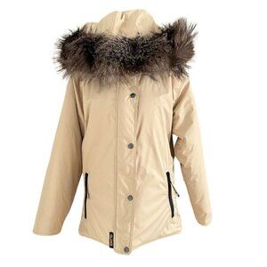 NWOT VALANGA BEIGE FUR TRIM HOODED SHORT WINTER COAT - 8